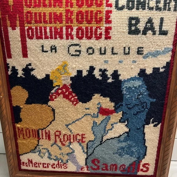Vintage Framed Crewelwork Bridge Moulin Rouge La Goulue Original Needlepoint - Picture 3 of 8
